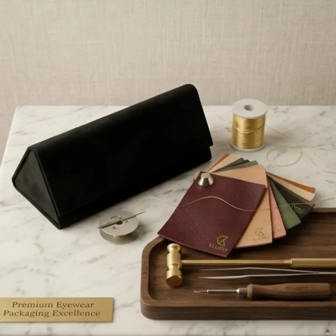 Signature Series rigid eyewear case by Kluxry - side view showing slim reinforced structure and architectural design